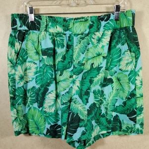 04167 Talbots green & blue leaf linen blend Nantucket Pull-On Paperbag shorts L
